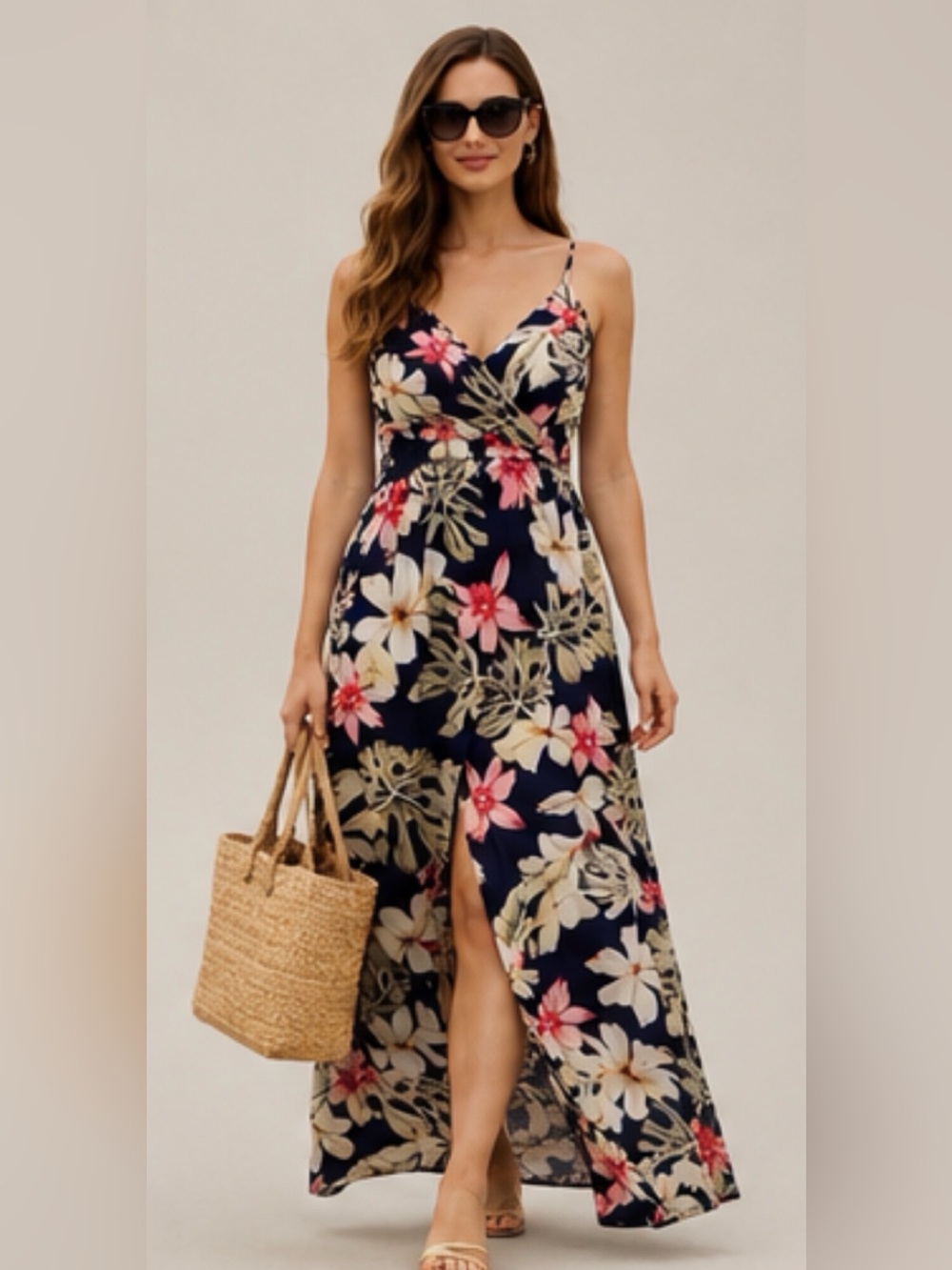 Tropical Floral Maxi Dress Womens Cruise Vacation Hawaiian Faux Wrap Sundress Sm